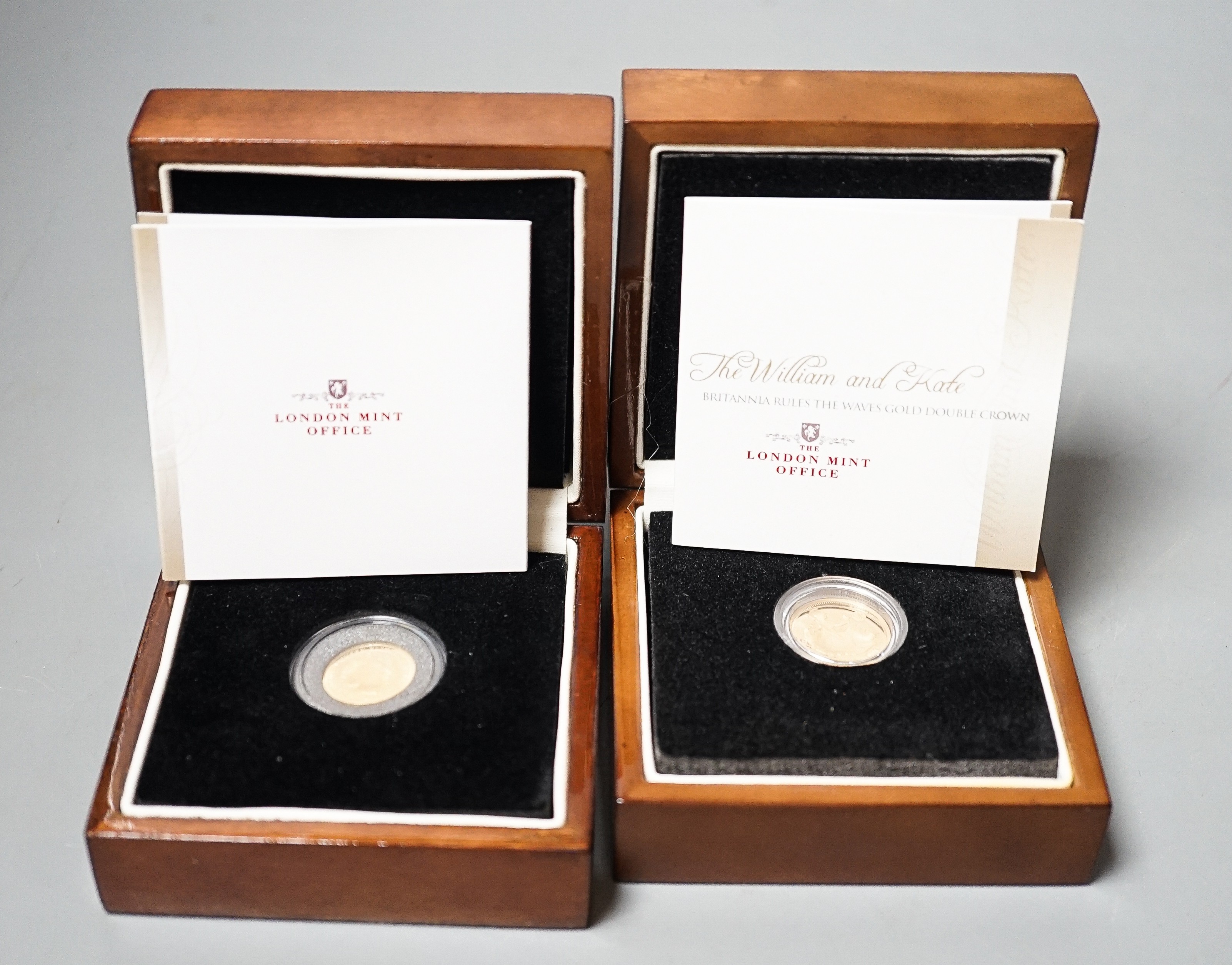 A London Mint Tristan da Cunha gold double crown and a similar gold one crown, cased with certificates